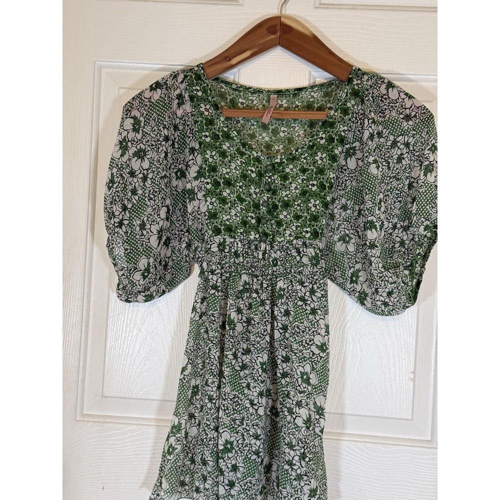 Pretty Good Small Green Boho Sheer Blouse Puff Sleeve Overlay‎ Buttons Floral